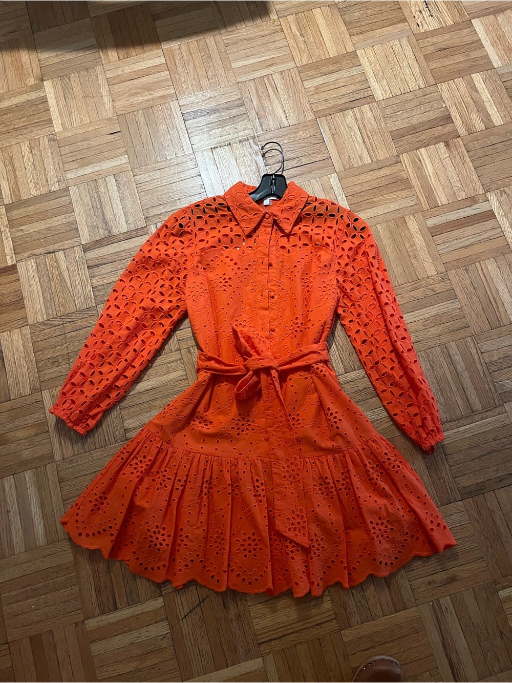 Milly Tangerine Eyelet Embroidered Cotton Belted Shirt Dress – Size 2